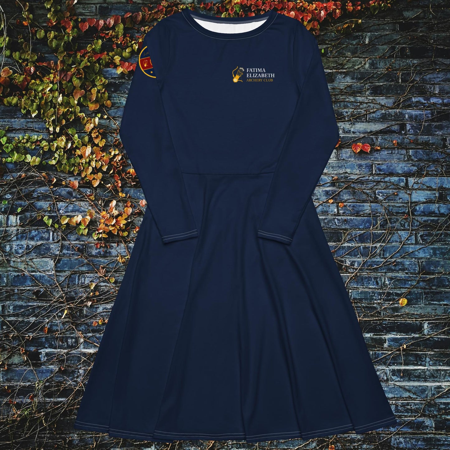 The FEAC Emblem - on back - All-over dark blue print long sleeve midi dress