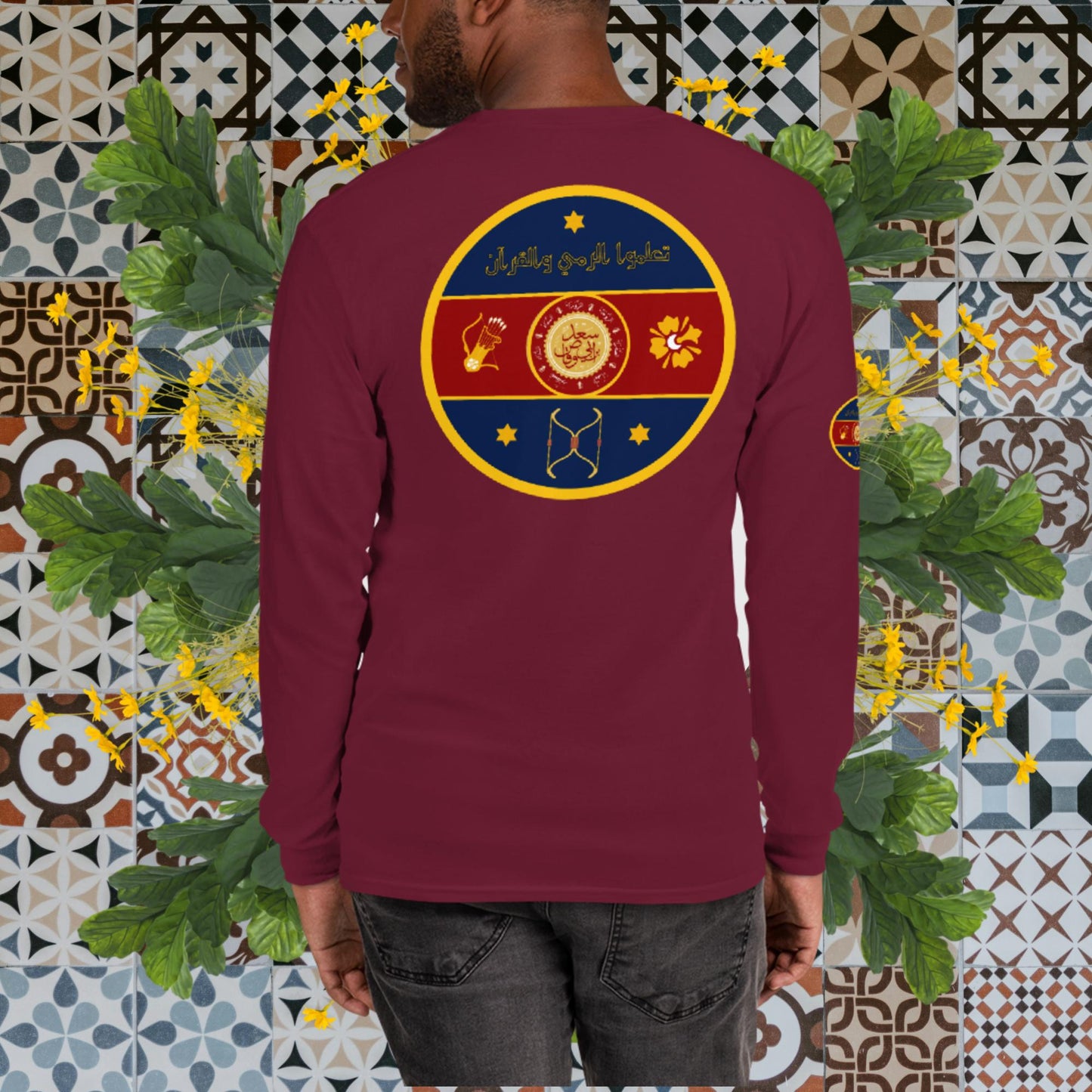 The Fatima Elizabeth Archery Club Emblem (BACK of shirt emblem) - Men’s Long Sleeve Shirt