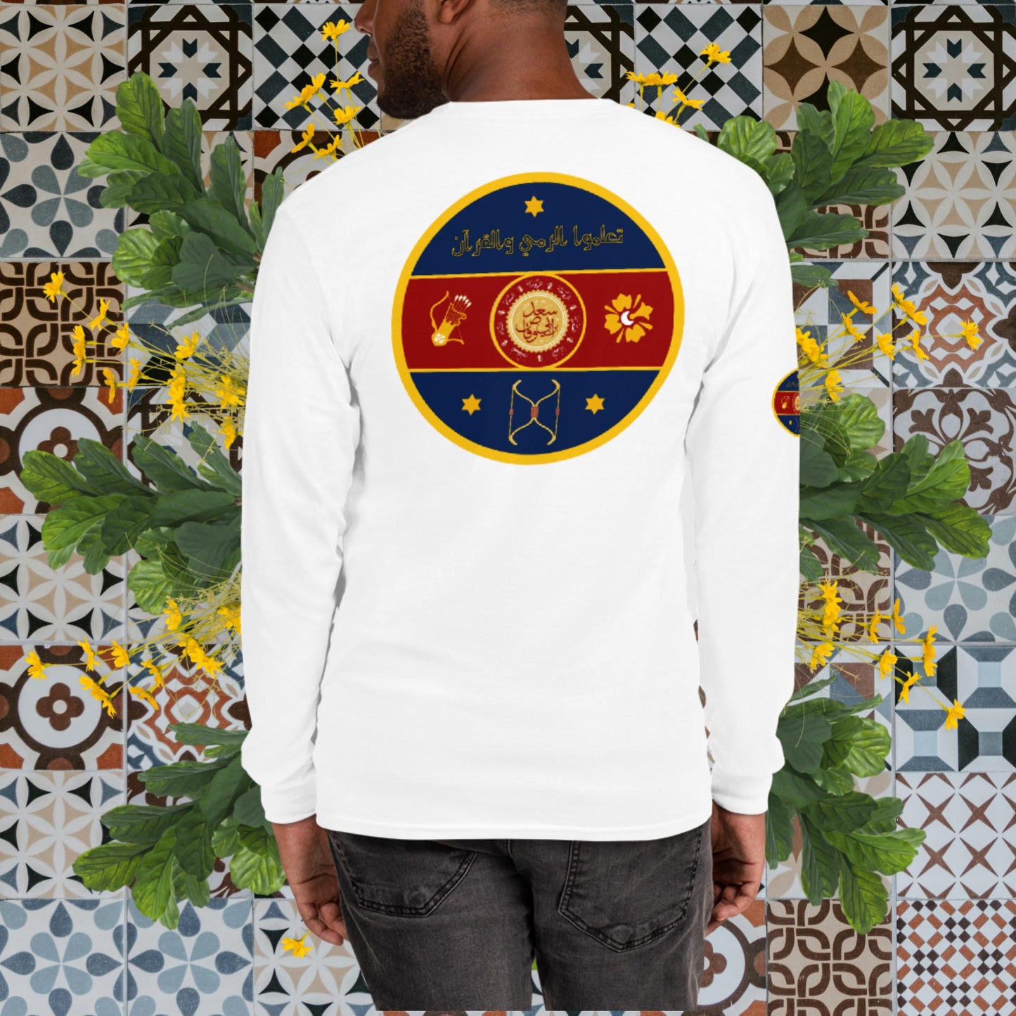 The Fatima Elizabeth Archery Club Emblem (BACK of shirt emblem) - Men’s Long Sleeve Shirt