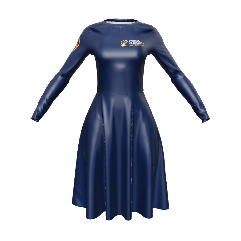 The FEAC Emblem - on back - All-over dark blue print long sleeve midi dress
